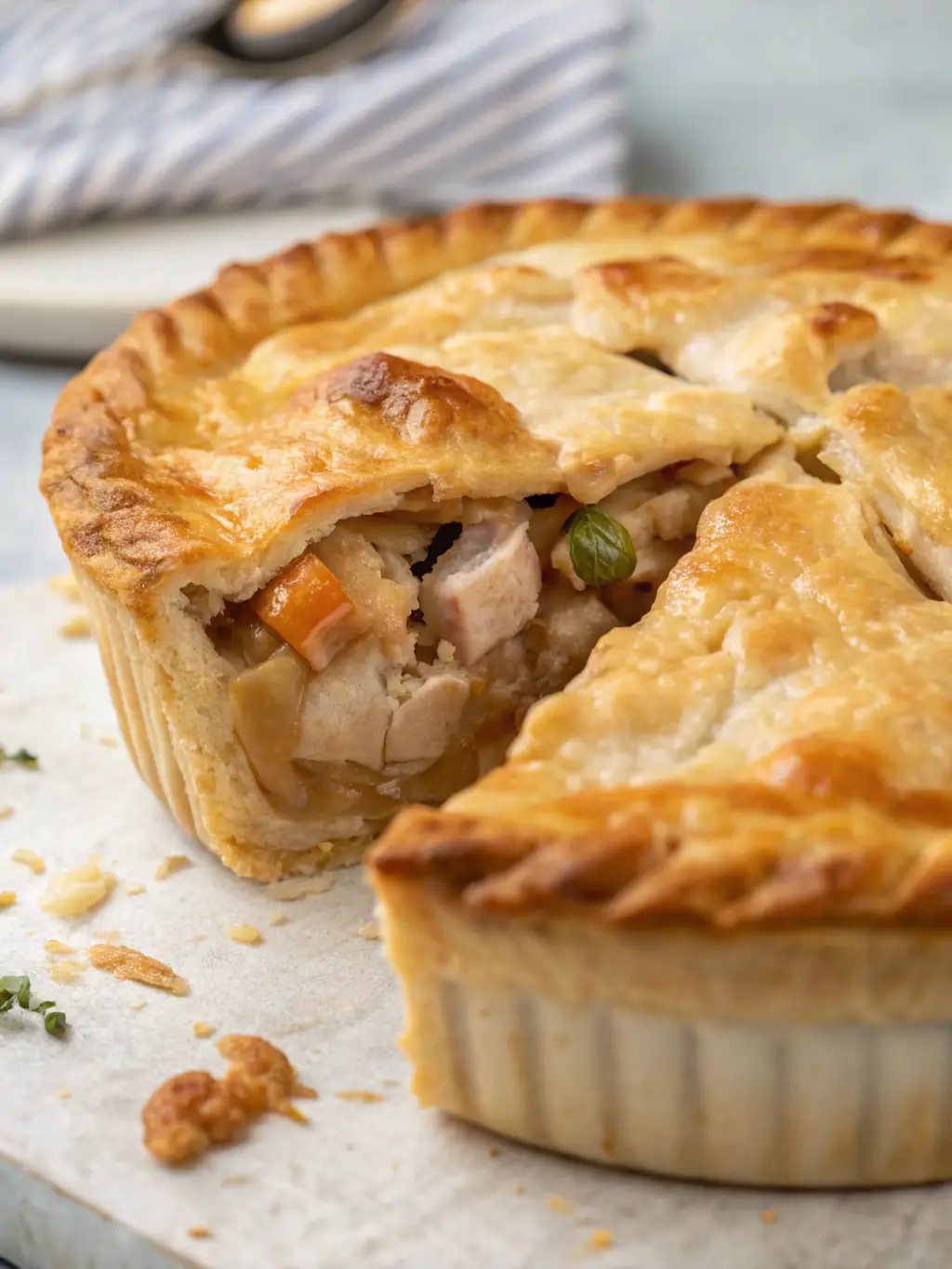 A tempting image of a Swiss Chalet chicken pot pie, showcasing the flaky crust and creamy filling.