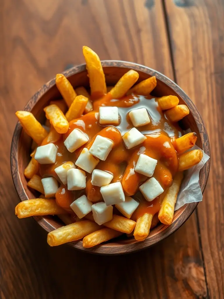 A delicious-looking image of a Swiss Chalet poutine, featuring golden fries, cheese curds, and gravy.