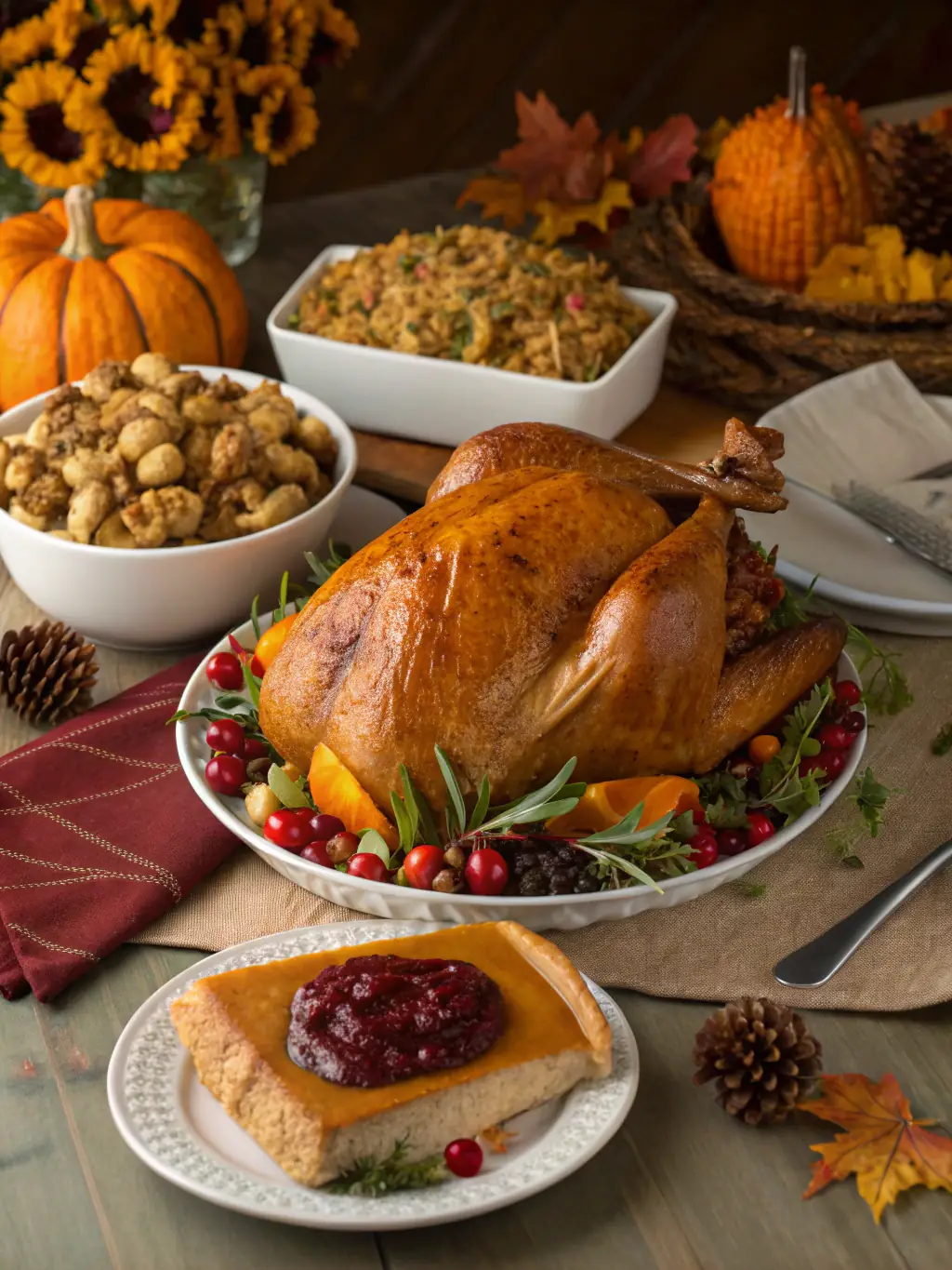 A vibrant image of a Swiss Chalet Festive Special, complete with stuffing, cranberry sauce, and a dinner roll.